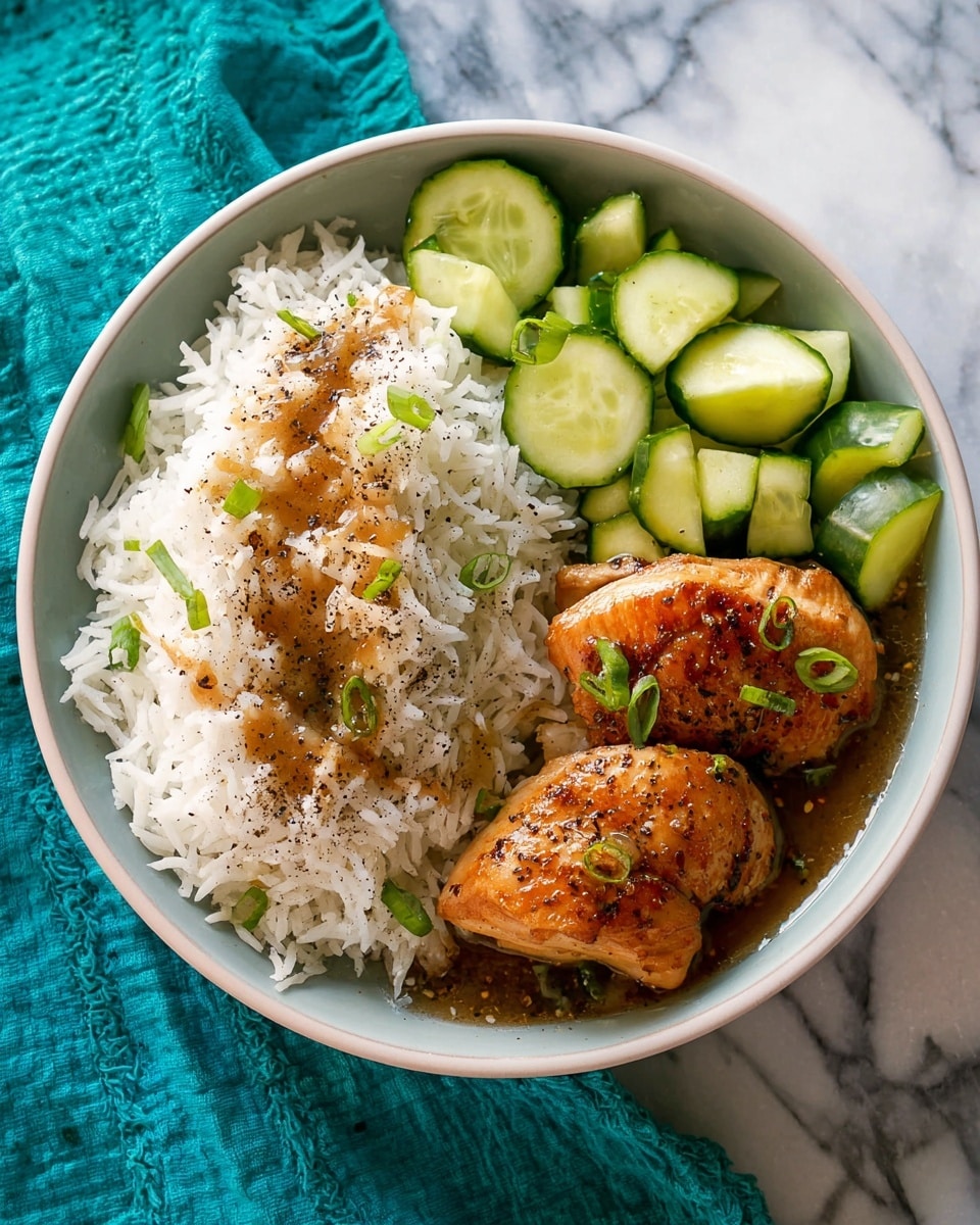 A white bowl holds three main layers arranged neatly: the first layer, occupying about half the bowl, is fluffy white rice with a light drizzle of brown sauce and a sprinkle of pepper on top; the second layer shows two cooked pieces of golden-brown chicken seasoned with black pepper and garnished with small green onion pieces, resting next to the rice; the third layer at the side consists of fresh cucumber pieces cut into small chunks, lightly sprinkled with black pepper. The bowl sits on a white marbled surface with a teal cloth partially visible in the background, photo taken with an iphone --ar 4:5 --v 7