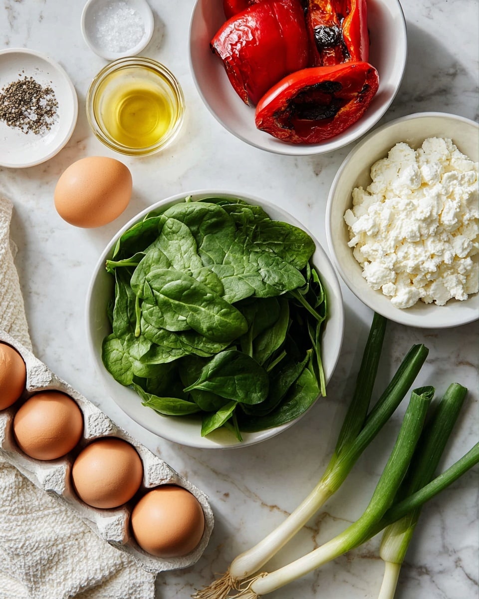 A white bowl filled with fresh bright green spinach leaves sits near the center on a white marbled surface. To the left, there is a small white plate with coarse salt and black pepper. Below it, a small clear glass container holds golden olive oil. A white egg carton with six brown eggs is placed below the spinach bowl, with one egg outside the carton on the marbled surface. To the right of the eggs, a white bowl is filled with white cottage cheese with a soft, grainy texture, and next to it is a white bowl holding shiny, roasted red bell peppers with some black spots. Three spring onions with green tops and white bulbs rest on the marbled surface to the right. A white textured cloth is partially visible in the bottom left corner. The scene has a clean and fresh look with natural light. Photo taken with an iphone --ar 4:5 --v 7