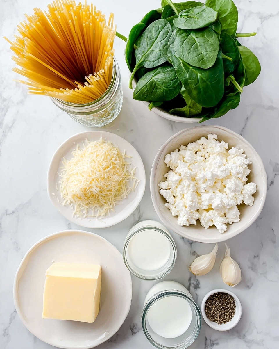A top view of various fresh ingredients arranged on a white marbled surface. There is a tall clear glass jar filled with uncooked long yellow pasta standing upright, a white bowl full of bright green fresh spinach leaves on the right, and a white bowl of white cottage cheese clumps to the left. Near the center, a small white plate holds a mound of finely shredded light yellow cheese with two garlic cloves beside it. Below, a small glass jar contains a white liquid, likely milk or cream. On the lower left, a small white plate holds a solid square of pale yellow butter. Two small white bowls at the bottom right contain coarse white salt and ground black pepper. The colors are vibrant, and the textures from leafy greens to crumbly cheese and dry pasta are clear and distinct. Photo taken with an iphone --ar 4:5 --v 7