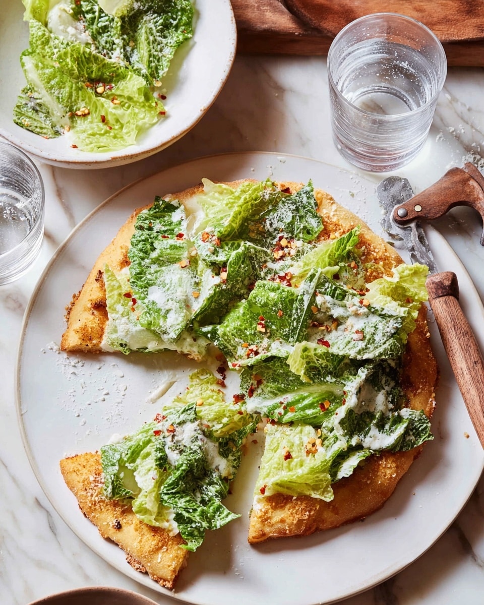 A white plate holds a small pizza with a golden brown crust as the base layer. On top, there is a thick layer of fresh, green romaine lettuce covered in creamy white dressing, sprinkled with small red chili flakes and grated white cheese. A slice has been taken out, showing the crisp texture of the crust. To the left, a matching white bowl with some leftover lettuce sits at an angle. Nearby, a clear glass half full of water rests on a white marbled surface along with a pizza cutter with a wooden handle. Photo taken with an iphone --ar 4:5 --v 7