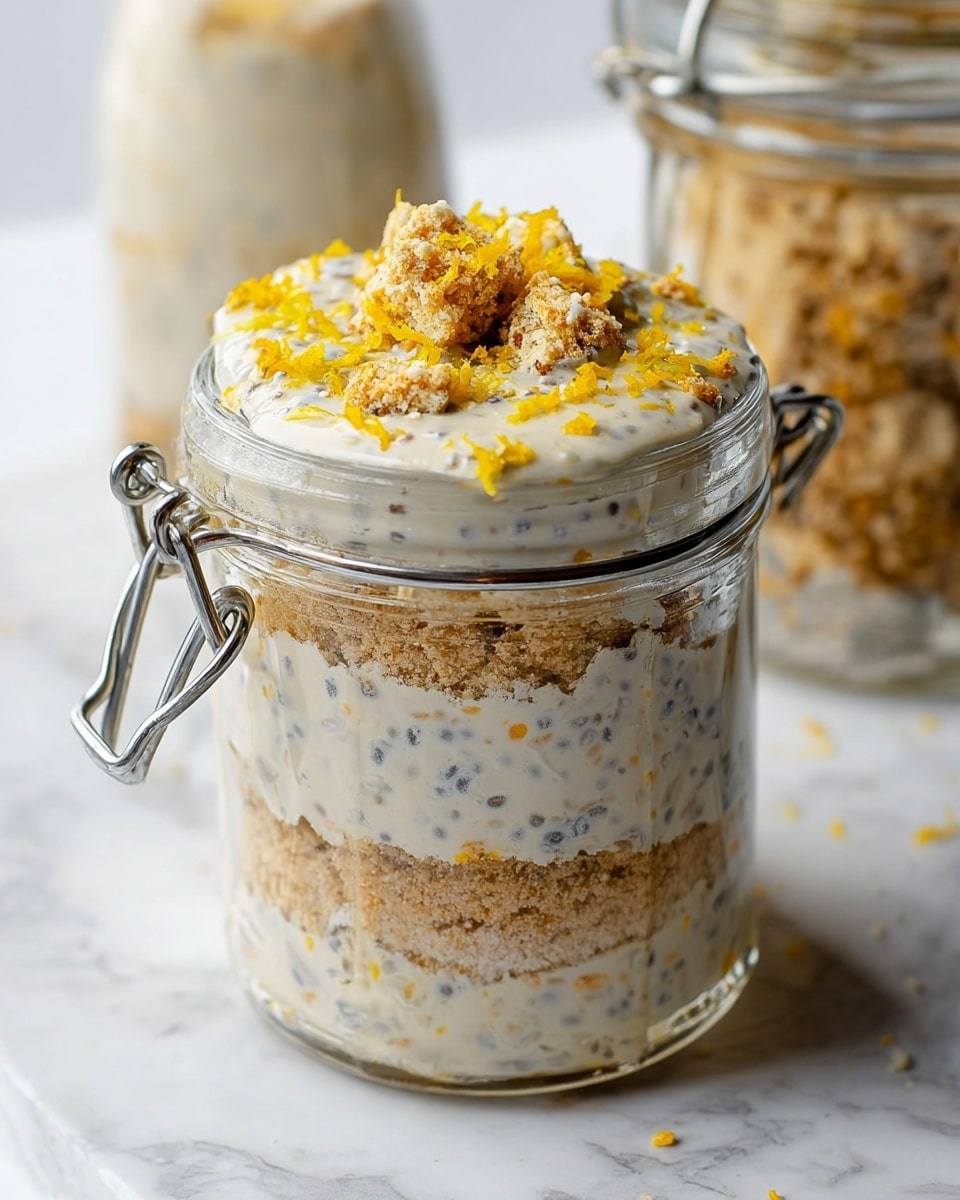 A clear glass jar with metal clasps is filled with layers of a creamy white mixture containing small dark chia seeds and bits of orange zest. The jar has three main layers: at the bottom there is a crumbly light brown crust, followed by a thick creamy layer mixed with chia seeds, then another crumbly layer in the middle, and topped with more creamy mixture. The top layer is decorated with chunks of crumbly light brown pieces and scattered bright yellow zest. The jar sits on a white marbled surface with a faint blurred background showing another jar with similar contents. Photo taken with an iphone --ar 4:5 --v 7