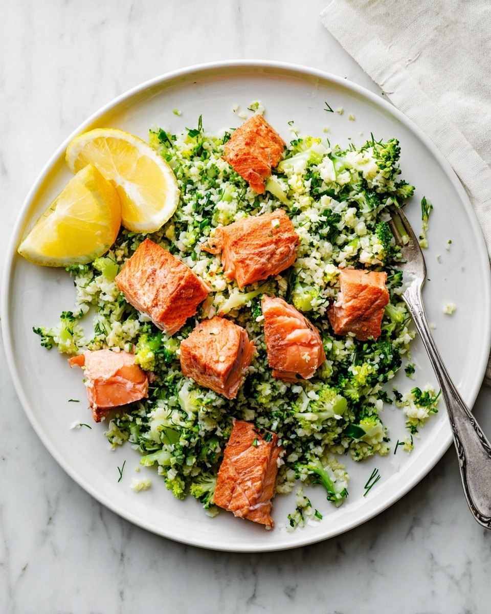 A white plate sits on a white marbled surface, holding a bed of finely chopped green and white cauliflower rice mixed with small broccoli pieces spread evenly in the center. On top, there are medium-sized chunks of cooked salmon with an orange-pink color and slight grill marks, scattered mostly in the middle and right side of the plate. To the left side, two lemon wedges rest on the edge of the plate. A silver fork is placed on the right edge of the plate, touching the cauliflower rice. The overall look is fresh and colorful with a mix of green, orange, and yellow tones. photo taken with an iphone --ar 4:5 --v 7