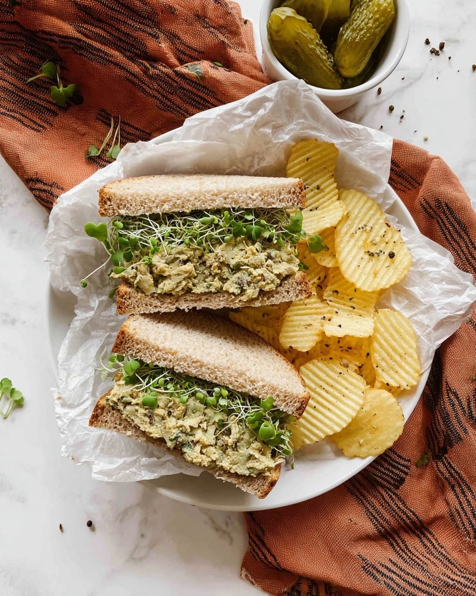 A white plate with a layer of crinkled white parchment paper holds two sandwich halves made with light brown whole grain bread. Each sandwich has a thick, light greenish-beige filling with visible bits of herbs and vegetables, topped with fresh green leafy sprouts. To the top left of the sandwiches, a small white cup is filled with green pickles. On the right side of the sandwiches, a pile of ridged yellow potato chips spreads out. Small sprigs of green herbs and black specks of seasoning are scattered around the plate. The plate rests on a white marbled surface partly covered by an orange cloth with dark brown stripes. Photo taken with an iphone --ar 4:5 --v 7