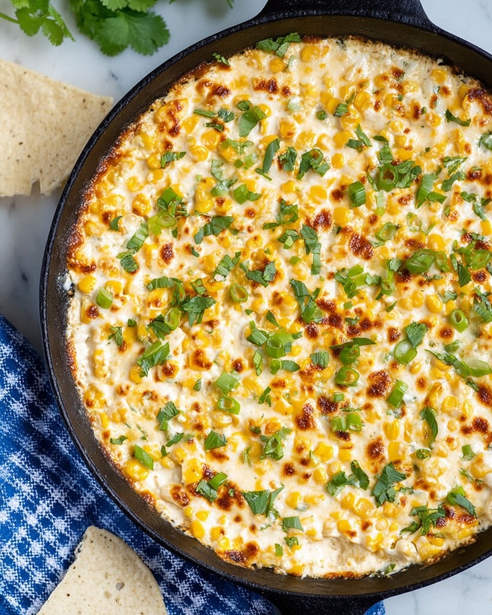 A black cast iron pan filled with a top layer of melted and slightly browned white cheese mixed with yellow corn kernels, sprinkled with chopped green onions and fresh green cilantro leaves evenly spread on top. The pan is placed on a white marbled surface with a blue and white checkered cloth partially visible in the bottom left corner, and a white tortilla chip resting near the edge of the pan. The cheese has a bubbly texture with golden spots across its surface, giving a rich and creamy look photo taken with an iphone --ar 4:5 --v 7