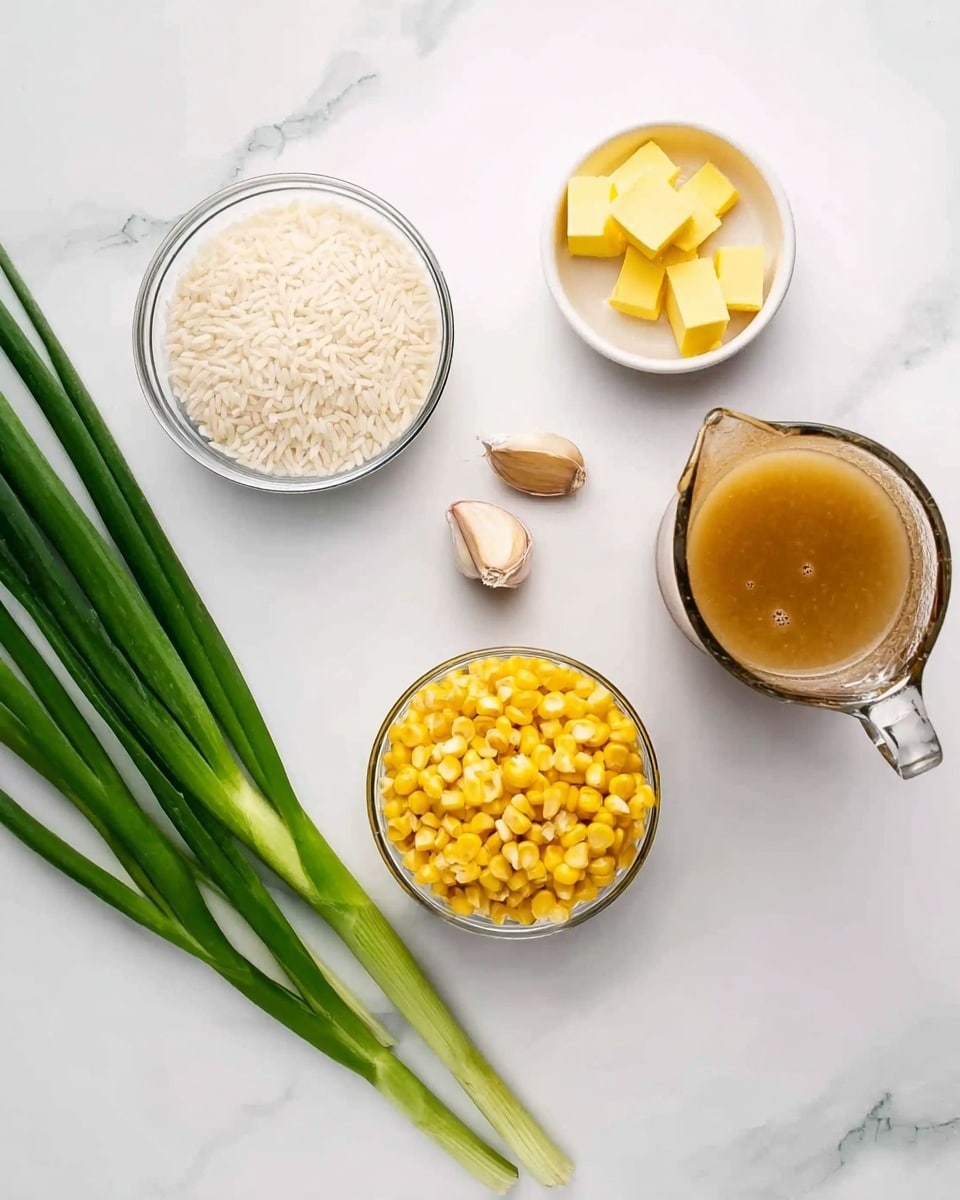 The image shows ingredients neatly placed on a white marbled surface. There is a small glass bowl filled with white rice on the left. To its right, a small white bowl holds small yellow butter cubes. Above that is a cluster of three garlic cloves. Below the butter and garlic, a clear glass bowl is full of bright yellow corn kernels. To the right of the corn is a small glass pitcher containing light brown broth or stock. At the bottom left corner, three long, fresh green onions rest diagonally on the surface. The whole setup is clean and bright, with a simple arrangement. photo taken with an iphone --ar 4:5 --v 7