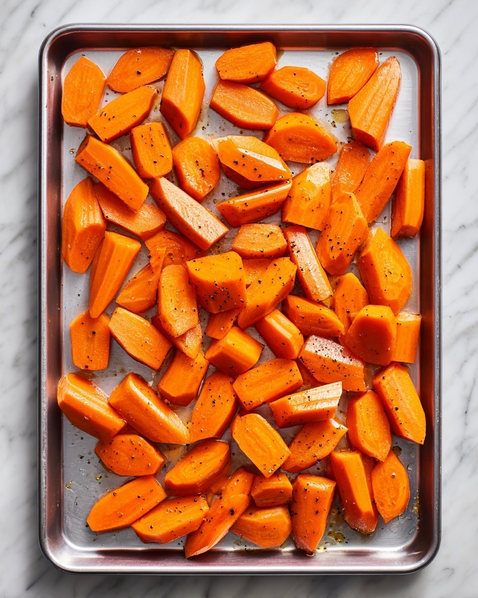 A baking tray filled with orange carrot pieces evenly spread out, each carrot piece cut into thick oval and cylindrical shapes with smooth surfaces, lightly seasoned with black pepper and a touch of oil giving a slight shine, arranged randomly with space between them on a silver metal tray placed on a white marbled texture background photo taken with an iphone --ar 4:5 --v 7