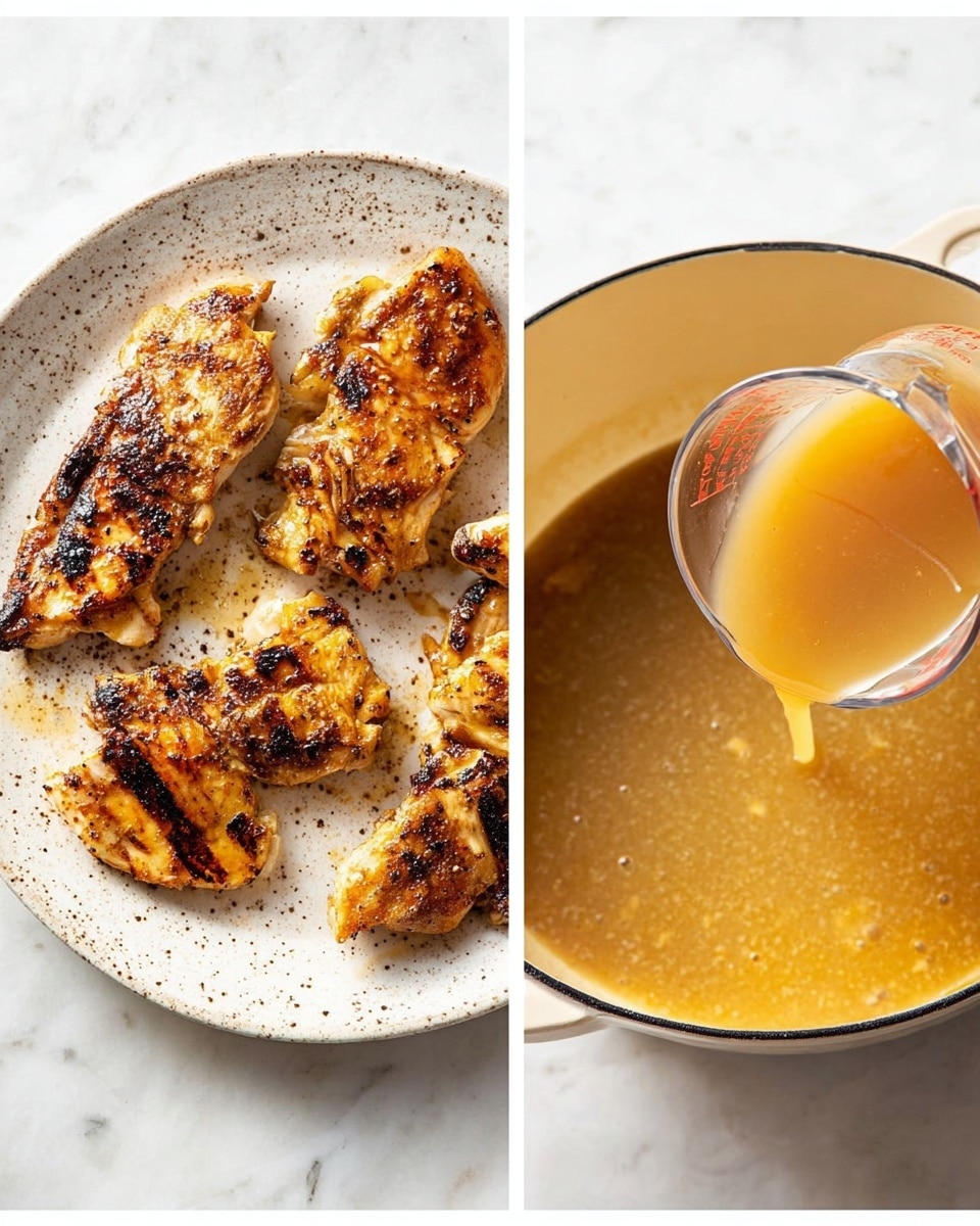 On the left, five grilled chicken pieces with golden brown, slightly charred surfaces lie spread out on a round white speckled plate, each piece showing grill marks and a juicy texture. On the right, a beige pot with a black rim is filled with a swirling light brown broth being poured into it from a clear measuring cup. Both images rest on a white marbled surface. photo taken with an iphone --ar 4:5 --v 7