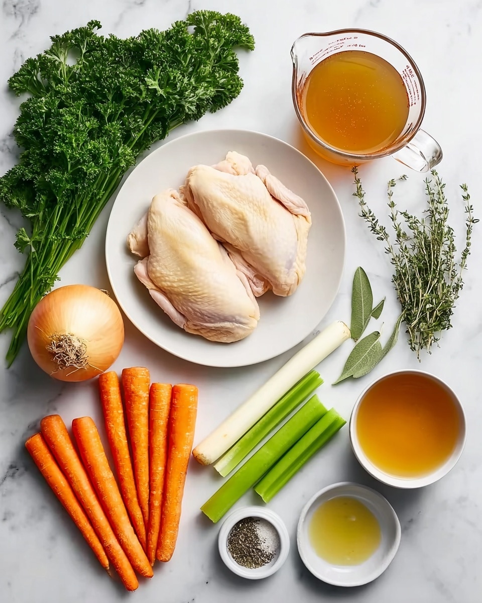 The image shows a white plate with two raw chicken pieces placed near the top left of a white marbled surface. Around the plate, there is a bunch of green parsley on the left, and three white parsnips near the center. Below the parsnips, five bright orange carrots are arranged diagonally. To the right of the carrots, there is one large onion with light brown skin, and next to the onion, a clear glass measuring cup filled with amber-colored broth. Near the bottom right, there are four green celery sticks arranged parallel, a small white bowl with golden liquid, and a small white dish with black pepper and salt. A small bundle of thyme and a garlic bulb are also visible, along with a few green scallions and a small white dish holding a single green bay leaf. The scene is clean and colorful, with fresh ingredients neatly arranged on the white marbled surface photo taken with an iphone --ar 4:5 --v 7