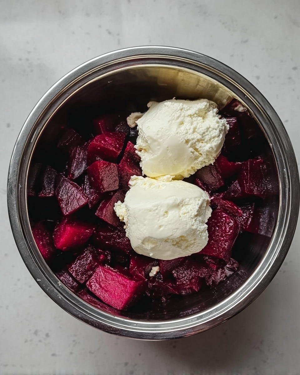 The image shows a shiny metal bowl placed on a white marbled surface, filled with deep red, diced beetroot pieces. On top of the beetroot, there are two large soft white cheese dollops with a smooth, creamy texture. The beetroot pieces are evenly spread at the bottom of the bowl, while the cheese is stacked slightly to one side inside the bowl. The contrast between the dark red beetroot and the bright white cheese is clear and vivid. photo taken with an iphone --ar 4:5 --v 7