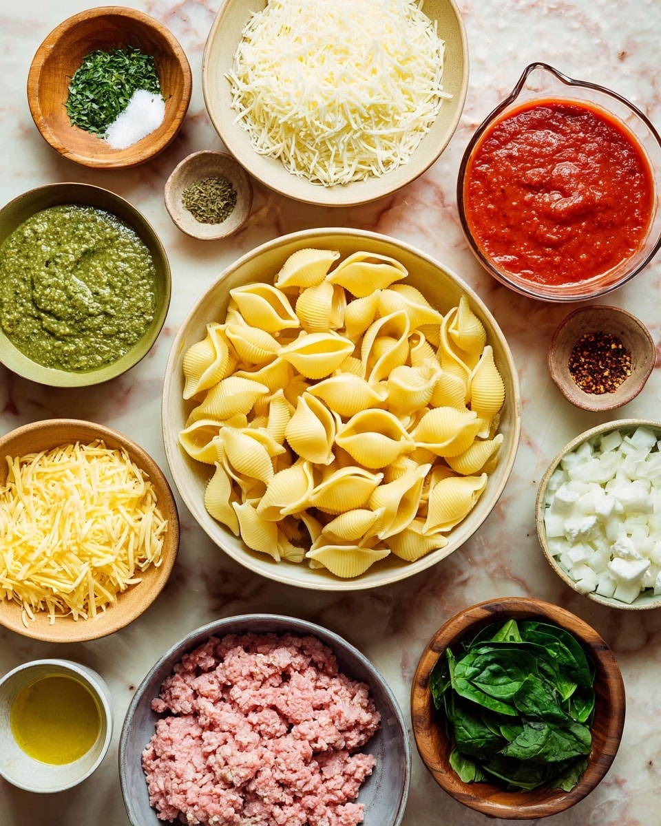 A white bowl filled with large yellow pasta shells sits at the center on a white marbled surface. Surrounding it are several small bowls: at top center, a wooden bowl holds off-white shredded cheese; to the right, a small beige bowl with chopped green herbs and next to it, a glass measuring cup with bright red tomato sauce. Below, a beige bowl contains green pesto sauce, and another beige bowl holds chopped white onions. In the lower center, a gray bowl is filled with light pink ground meat, with a wooden bowl of shredded yellow cheese and a beige bowl of white ricotta cheese nearby. There is also a small wooden bowl of dark green chopped spinach, a tiny bowl with olive oil, and a small white dish with salt, black pepper, green herbs, and red chili flakes. Photo taken with an iphone --ar 4:5 --v 7