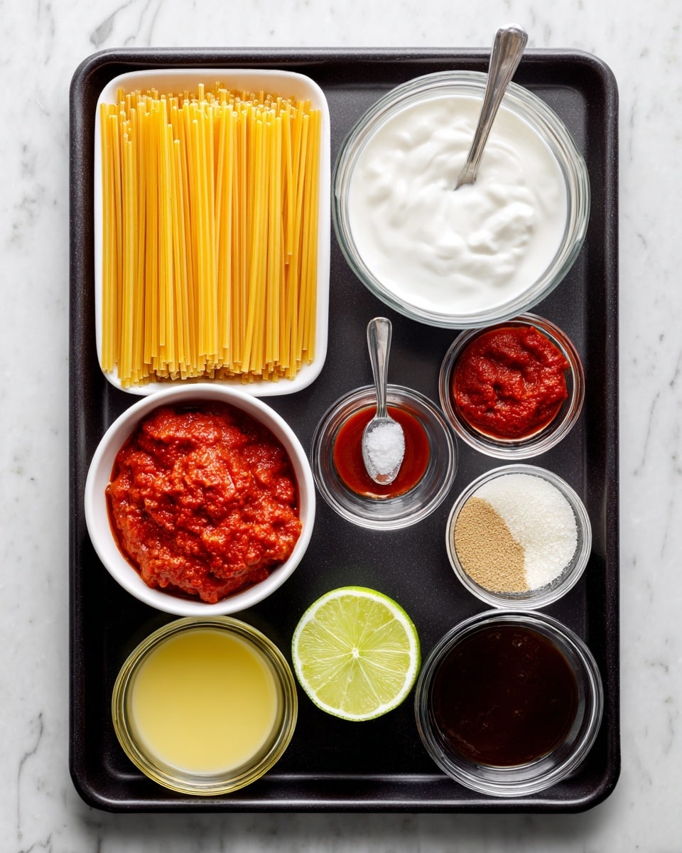 A black baking tray holds eight items arranged neatly on a white marbled surface: on the left is a bright orange package of uncooked pasta, next to it a tall clear glass filled with white liquid, to its right a small clear bowl with red paste and a small silver spoon with white cream at the top; below the glass is a white bowl with chunky red paste, to its right a small dark bowl with thick dark brown sauce; below those bowls are two white bowls with yellow liquids and a small clear bowl with light brown powder; at the bottom center is a sliced lime showing its pale green interior photo taken with an iphone --ar 4:5 --v 7
