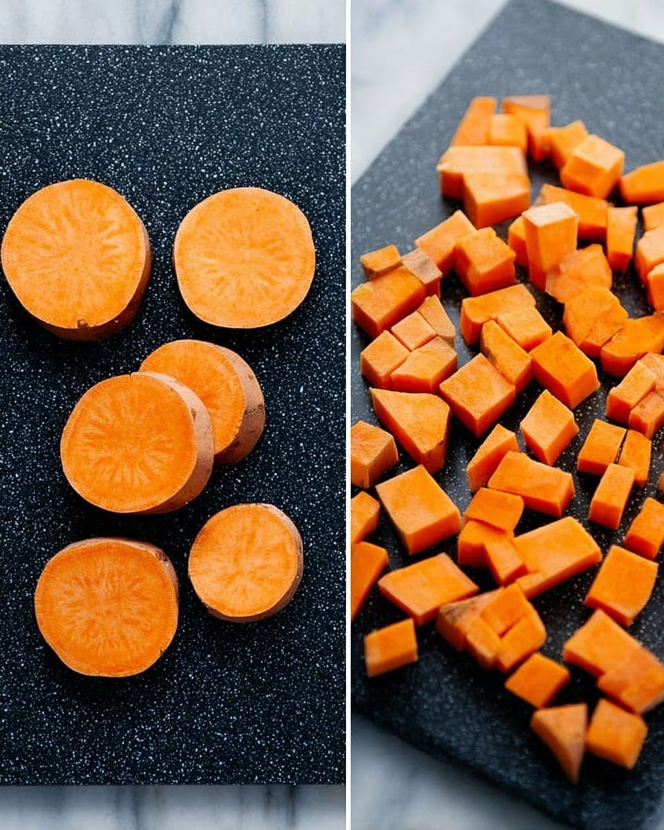 The image shows two close-up views of orange sweet potatoes on a dark speckled cutting board placed on a white marbled surface. On the left side, there are three sweet potato pieces: two whole circular slices stacked and one round slice divided into smaller segments. On the right side, many small orange cubes of sweet potato are spread out evenly over the dark cutting board, showing a neat and organized arrangement. photo taken with an iphone --ar 4:5 --v 7