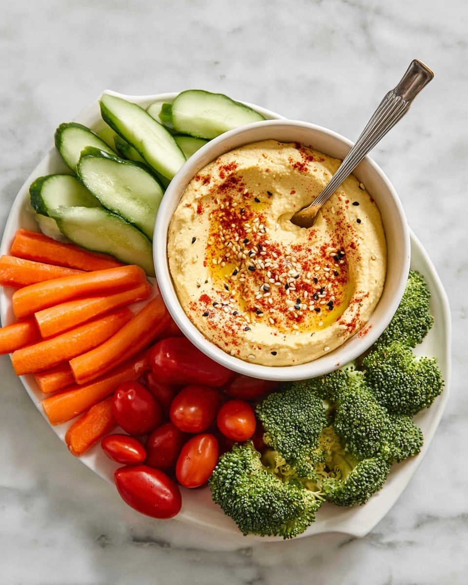 A white bowl filled with creamy light yellow hummus topped with red paprika powder and a mix of white and black sesame seeds sits at the center of a white plate. Around the bowl are layers of fresh vegetables: bright green sliced cucumbers on the left side, shiny orange baby carrots below them, bright red cherry tomatoes in the middle bottom, and fresh green broccoli florets on the right side, all arranged neatly on a white marbled surface. A silver spoon is placed inside the bowl, partially resting on the hummus photo taken with an iphone --ar 4:5 --v 7