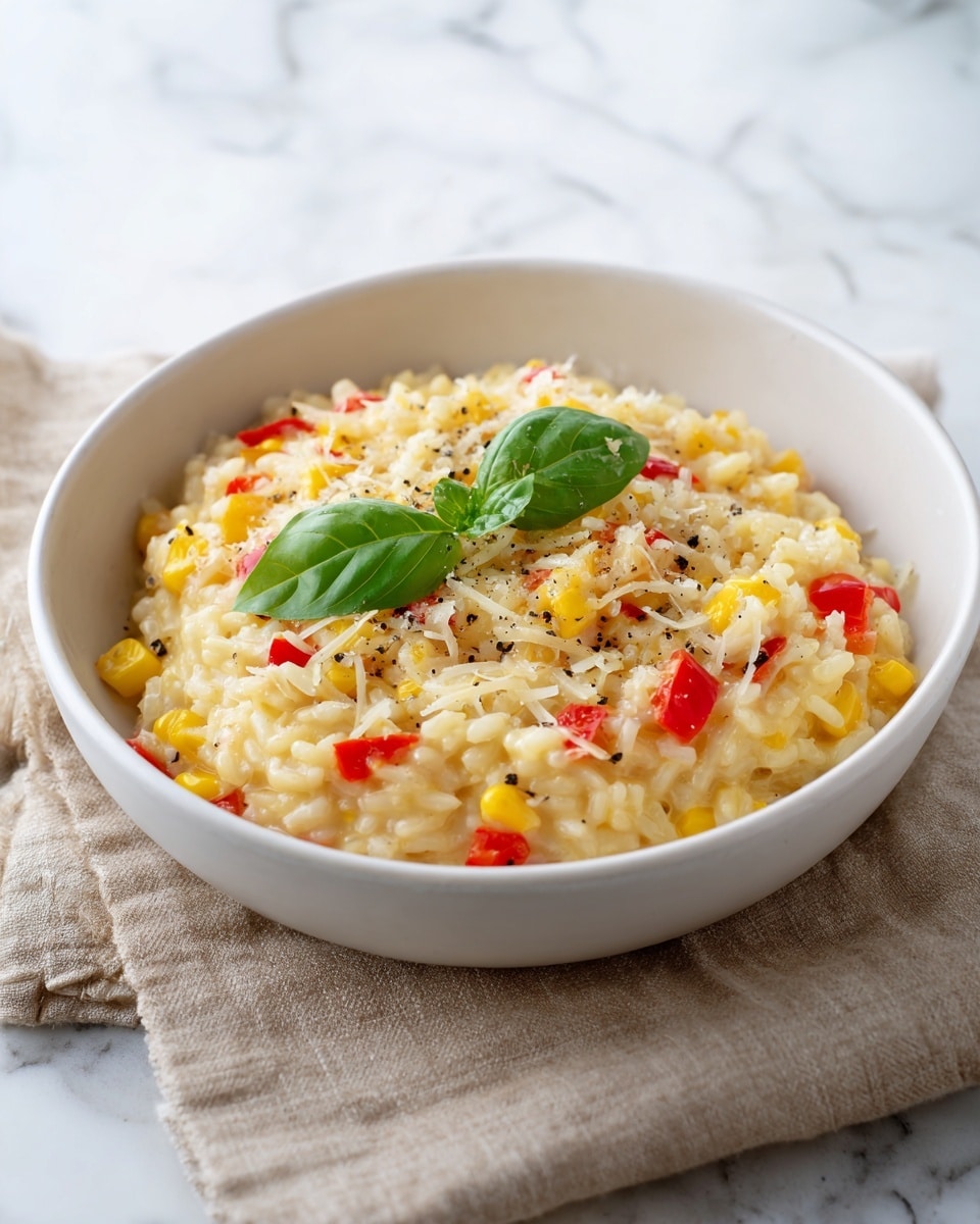 A white bowl filled with creamy risotto showing soft, yellow rice mixed with small red bell pepper pieces and light yellow corn kernels, topped with shredded cheese and sprinkled black pepper. A fresh green basil leaf is placed on top for garnish. The bowl sits on a beige cloth, which is on a beige tile, all set on a white marbled surface. photo taken with an iphone --ar 4:5 --v 7