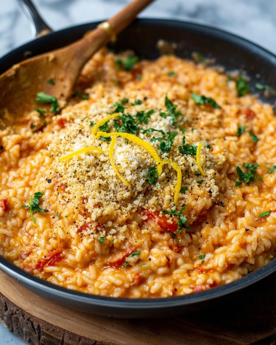 A close-up image of a pan filled with rich, creamy orange risotto mixed with bits of red tomato and fine black pepper sprinkled throughout. The risotto has a soft, smooth texture with plump rice grains. On top, there is a mound of golden brown breadcrumbs with some white grated cheese mixed in, scattered green parsley leaves, and thin yellow lemon zest strips adding color contrast. A wooden spoon is partially submerged on the left side of the pan. The pan is set on a wooden board over a white marbled surface. Photo taken with an iphone --ar 4:5 --v 7