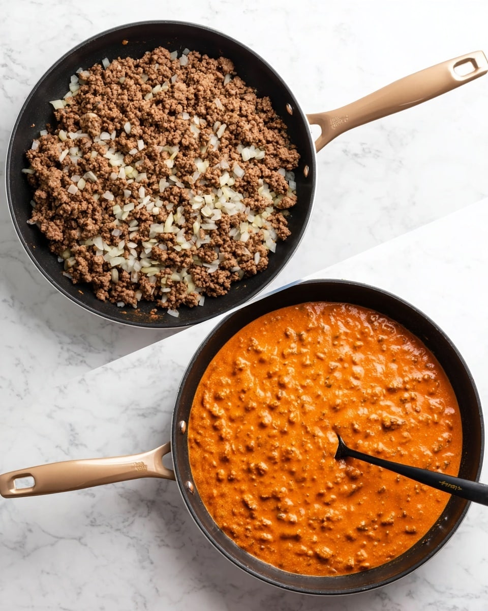 The image shows two black frying pans with tan handles on a white marbled surface. In the first pan, there is a layer of cooked ground meat mixed with small pieces of translucent white onions, spread evenly covering the whole pan with a crumbly texture. In the second pan, the cooked meat and onions are covered with a thick, smooth, orange-colored sauce with visible small chunks, filling the whole pan and showing a partially submerged black spoon on the right side. The sauce layer looks creamy and rich. photo taken with an iphone --ar 4:5 --v 7