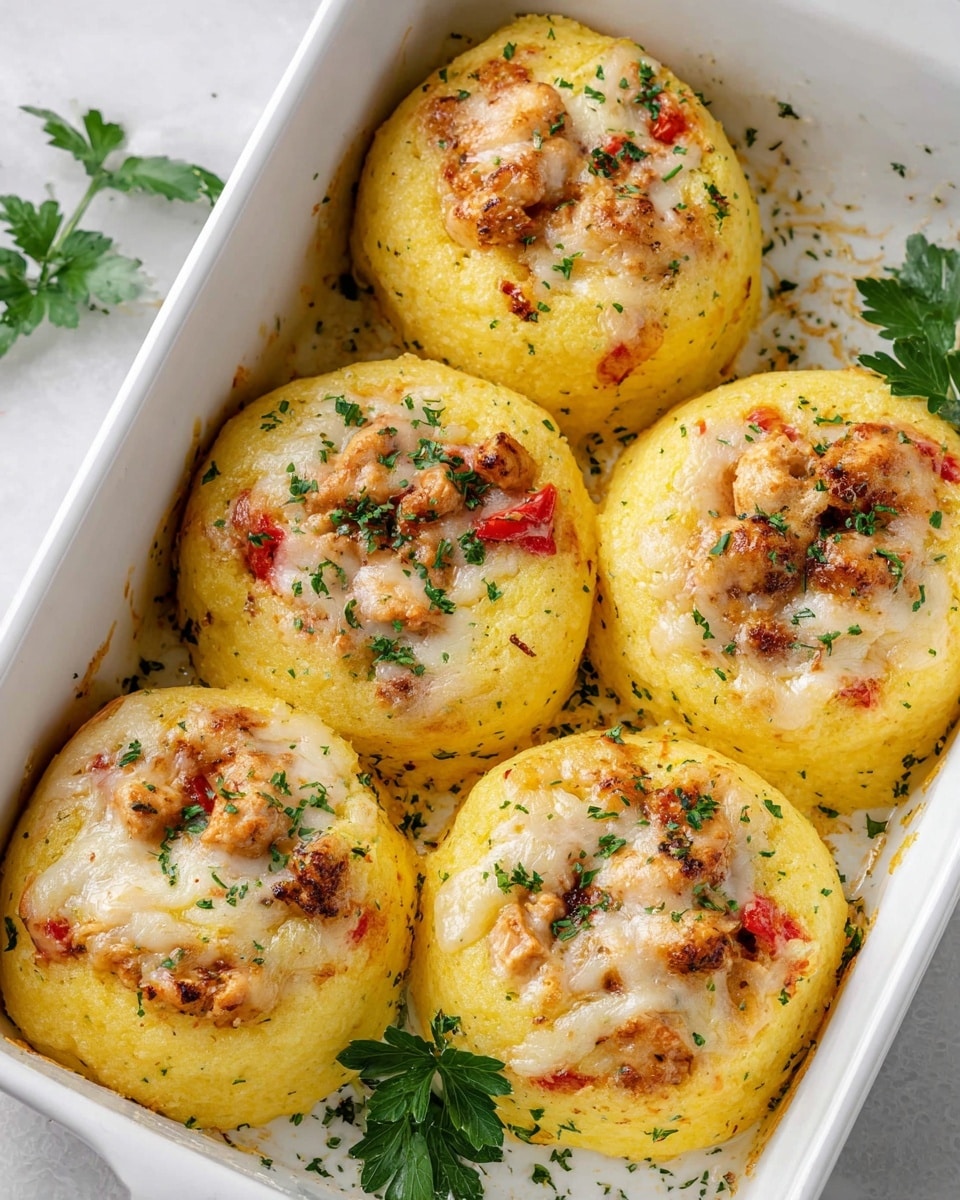 The dish shows six baked rounds of yellow cornbread dough, each with a slightly raised center filled with small chunks of browned chicken and melted white cheese with a light golden crust. Pieces of red bell pepper peek out from under the cheese topping. The cornbread is sprinkled with finely chopped green parsley and placed in a white rectangular baking dish. Some whole parsley leaves rest between the bread rounds on a white marbled surface. photo taken with an iphone --ar 4:5 --v 7