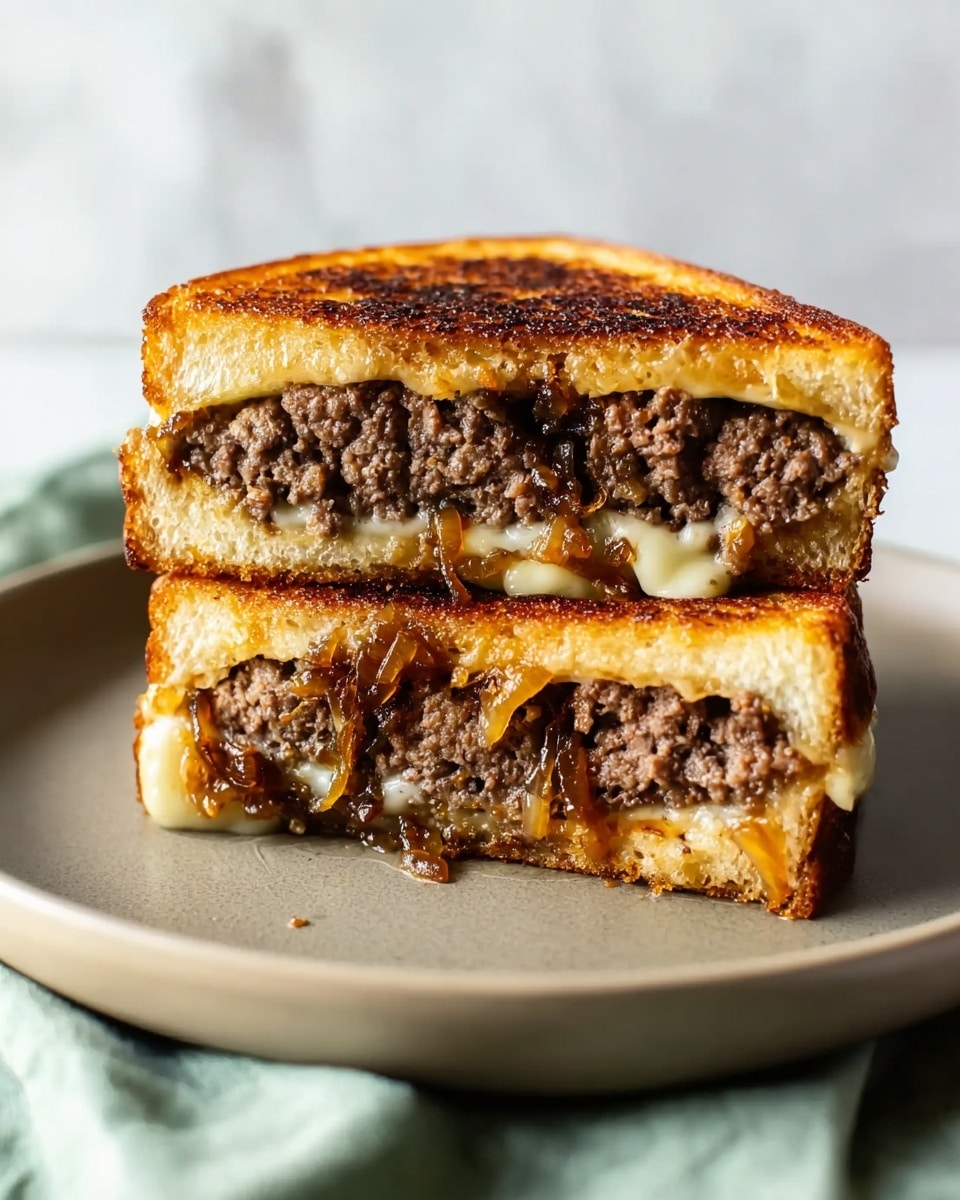 A toasted sandwich is cut in half and stacked on a round white plate. The sandwich has four layers: the top and bottom outer layers are a golden brown toasted bread with a crispy texture, the second and third layers are thick, juicy cooked ground meat patties with a brown color and crumbly texture. Melted cheese is between the patties and the bread, stretching slightly with a light yellow color and gooey texture. There are small bits of caramelized onions mixed with the cheese adding small dark brown spots. The background is a soft blurry light green cloth with a white marbled surface below the plate. Photo taken with an iphone --ar 4:5 --v 7