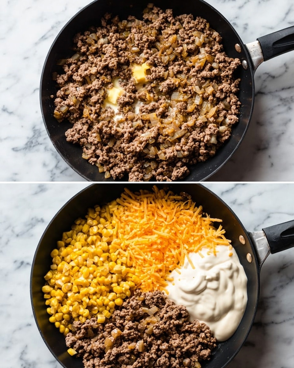 The image shows two black pans with cooked ground beef. In the left pan, there is a single layer of browned ground beef mixed with small pieces of sautéed onions and some seasonings, with a bit of butter melting on top. The right pan has the same layer of ground beef as the base, but on top there are three more layers: the bright yellow layer of corn kernels on the bottom left, a layer of orange shredded cheese on the top left, a creamy light beige sauce covering the top right, and a dollop of thick white sour cream on the bottom right. The pans sit on a white marbled surface. photo taken with an iphone --ar 4:5 --v 7