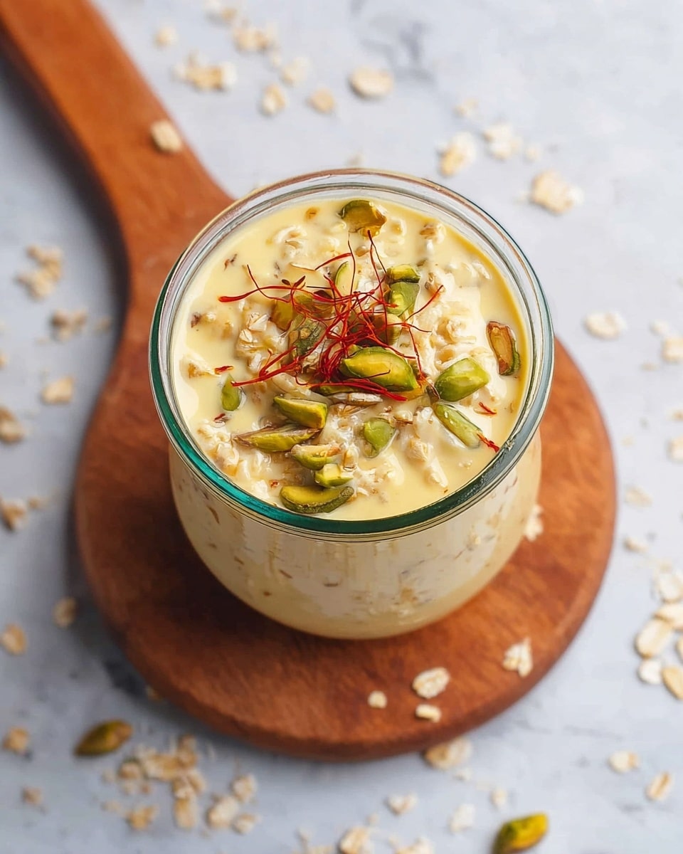 A clear glass jar filled with a creamy, pale yellow liquid base mixed with soft, small oatmeal pieces throughout. On top, there are many thin, green pistachio slices scattered along with a few thin strands of red saffron threads adding color contrast. The jar sits on a round wooden board which is placed on a white marbled surface, with some scattered oatmeal pieces around the board. photo taken with an iphone --ar 4:5 --v 7