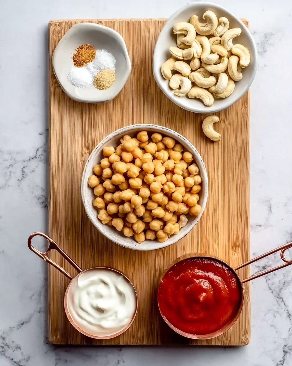 The image shows a wooden board on a white marbled surface with five bowls arranged neatly on top. In the center, there is a white bowl full of round, light brown chickpeas. To the top right, a smaller white bowl holds whole cashew nuts that are pale yellow and curved. At the top left, a small white bowl contains small piles of salt, ground ginger, and white powder, each neatly separated. Below these bowls, there are two small measuring cups with copper handles; the left one contains thick white yogurt, and the right one is filled with a bright red, smooth sauce. The scene is bright and clean, with a clear view from above. photo taken with an iphone --ar 4:5 --v 7