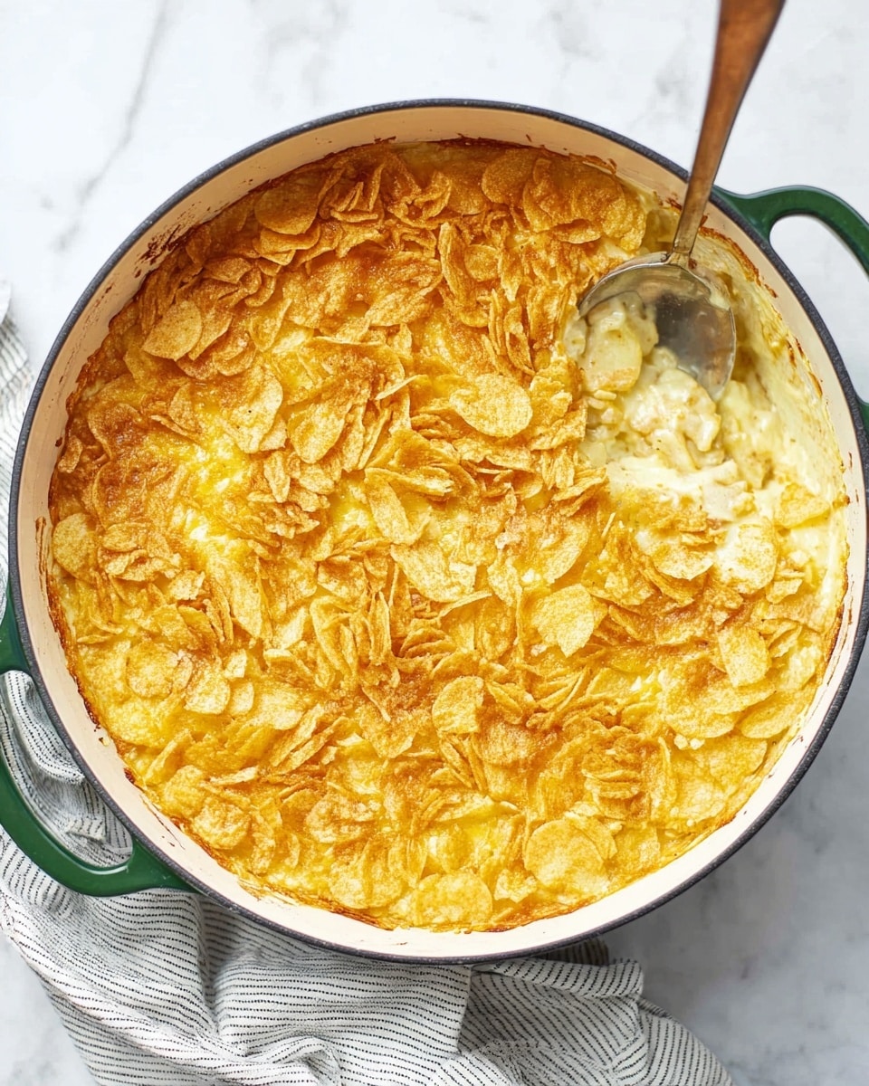 A large round white pot with a green handle is filled with a baked dish that has a thick, golden-yellow top layer of crinkled potato chips covering the entire surface. Underneath the chips, a creamy, light yellow layer with visible chunks is being scooped out by a large metal spoon with a wooden handle from the upper left side. The pot sits on a white marbled surface, and there is a glimpse of a light striped cloth in the lower part of the image. Photo taken with an iphone --ar 4:5 --v 7