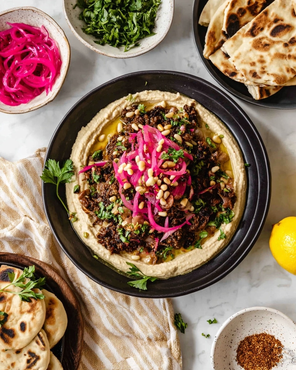 A black bowl in the center holds a dish with three main layers: the bottom layer is creamy light beige hummus spread thickly, topped with a layer of dark brown cooked meat mixed with some herbs, and the top layer has bright pink pickled onions with scattered golden pine nuts and green parsley leaves. To the right, there is a smaller black bowl with folded pita bread sticks showing some brown grill marks. In the upper left corner, a small white bowl holds more pink pickled onions. Above the main bowl, another white bowl contains fresh green herbs. The background is a white marbled surface with a striped beige cloth, two whole yellow lemons to the bottom right, and a small white plate with ground spice near the bottom right. photo taken with an iphone --ar 4:5 --v 7