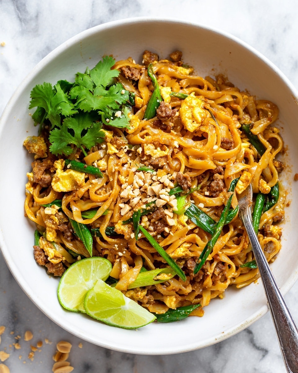 A white bowl holds a pile of stir-fried flat noodles with an orange-brown sauce. Mixed in the noodles are pieces of cooked meat, scrambled egg bits, and green onion stalks, giving green and yellow color. Crushed peanuts are sprinkled over the top, adding a rough texture. Two lime slices sit on the side of the noodles near the bottom of the bowl, and a fresh cilantro sprig rests on top as a garnish. A metal fork leans inside the bowl on the right side. The bowl is placed on a white marbled surface with a few peanut bits scattered around. Photo taken with an iphone --ar 4:5 --v 7