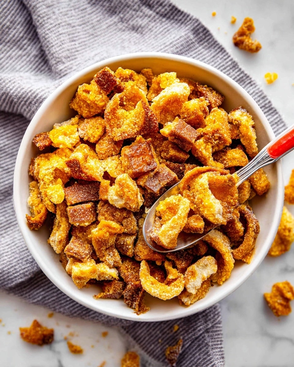 A white bowl filled with many crunchy, golden brown and yellow pieces of fried pork rind with a rough, crispy texture. Some pieces show white inside while others have a darker, more cooked outside. The bowl rests on a soft grey and white striped cloth on a white marbled surface, with some small pieces scattered around. A spoon with a red handle is scooping some of the pork rinds from the bowl. photo taken with an iphone --ar 4:5 --v 7