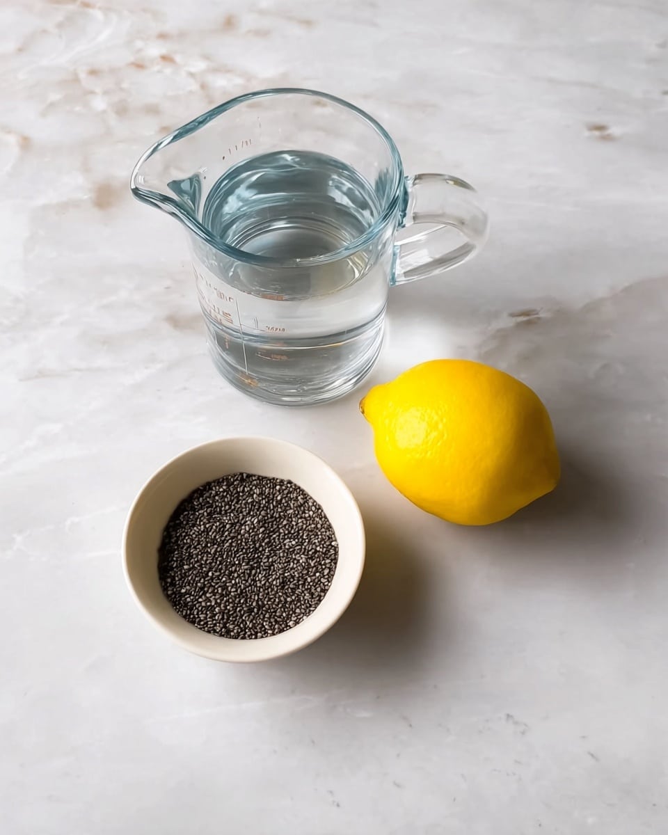 The image shows a clear glass measuring jug filled with water, placed on a white marbled surface. Below the jug, there is a small white bowl filled with black chia seeds, textured and densely packed. Next to the bowl, there is a bright yellow lemon with a smooth surface. The overall setting is clean and simple with a white marbled background enhancing the colors of the items. Photo taken with an iphone --ar 4:5 --v 7