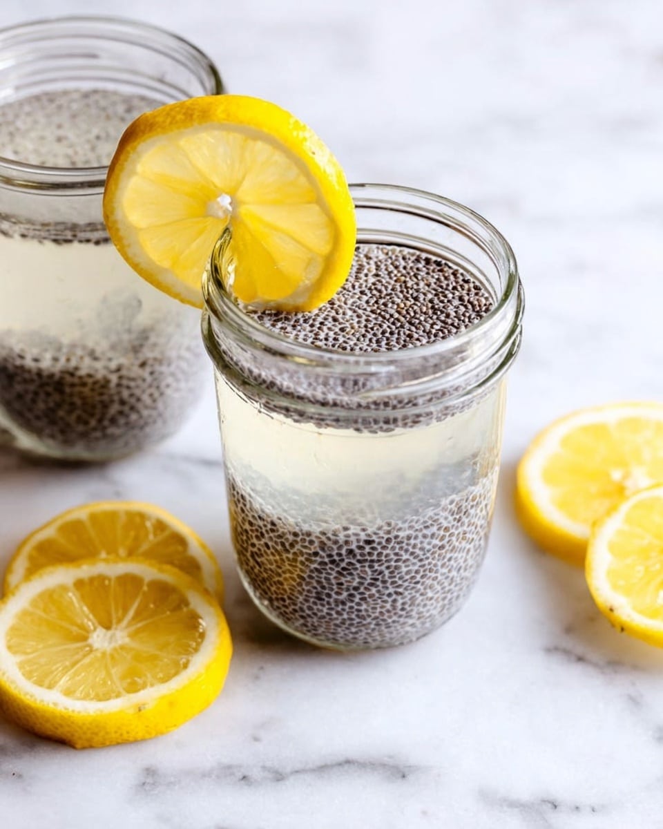 Two clear glass jars sit on a white marbled surface, each filled with a chia seed drink. Each jar has two layers: a darker, slightly purple layer at the bottom, topped with a lighter, translucent layer filled with tiny black chia seeds spread evenly. One jar has a bright yellow lemon slice garnishing its rim, while the other jar remains plain. Around the jars, lemon slices rest on the white marbled surface. The photo taken with an iphone --ar 4:5 --v 7