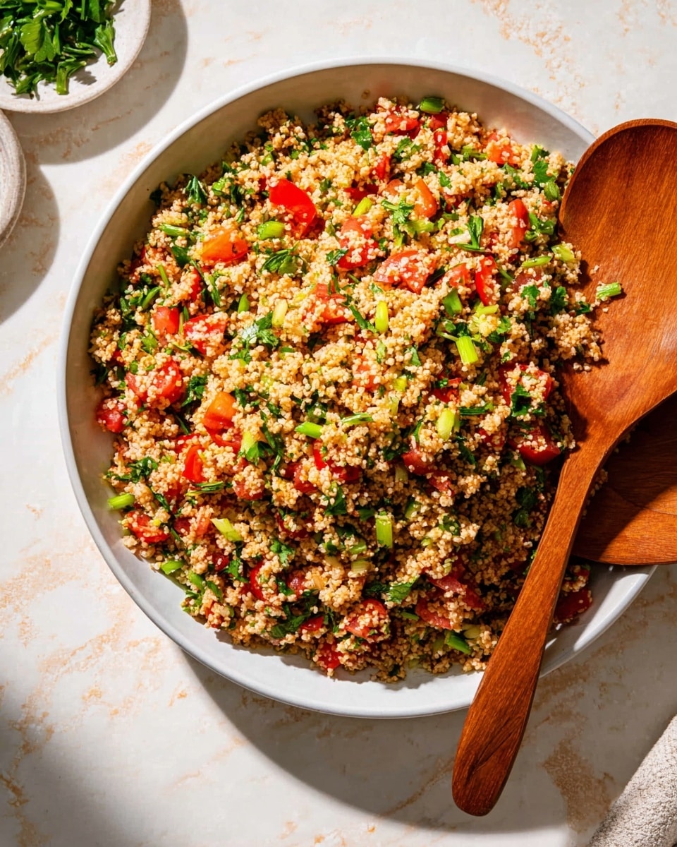 A white bowl is filled with a tabbouleh salad made of finely chopped bulgur wheat mixed with small pieces of bright red tomatoes, green parsley leaves, sliced green onions, and other green herbs. The texture looks grainy but fresh, with the colors of red, green, and light brown spread evenly across the salad. Two wooden serving spoons rest on the edge of the bowl on the right side. The bowl is placed on a white marbled surface with light brown and tan flecks, and bright natural light casts soft shadows around it. Photo taken with an iphone --ar 4:5 --v 7