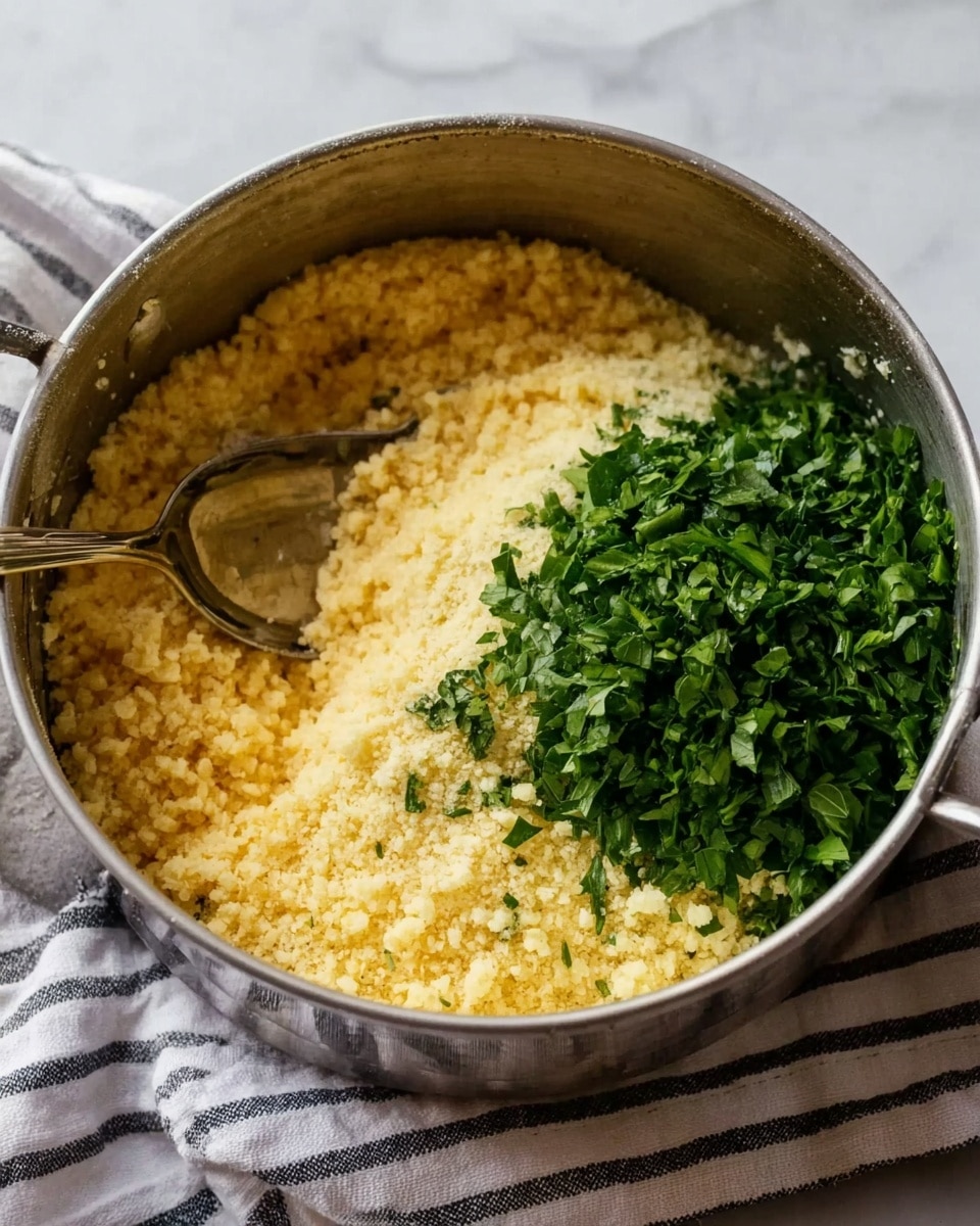 The image shows a metal pot filled with a yellow, crumbly mixture that looks like grated cheese or a soft grain at the top. On one side of the pot, there is a large pile of chopped green herbs, which add a fresh, leafy texture. A silver fork is stuck into the crumbly mixture on the left side of the pot. The pot is placed on a striped cloth on a white marbled background. The light is soft, making the colors of the mixture and herbs look natural and bright photo taken with an iphone --ar 4:5 --v 7