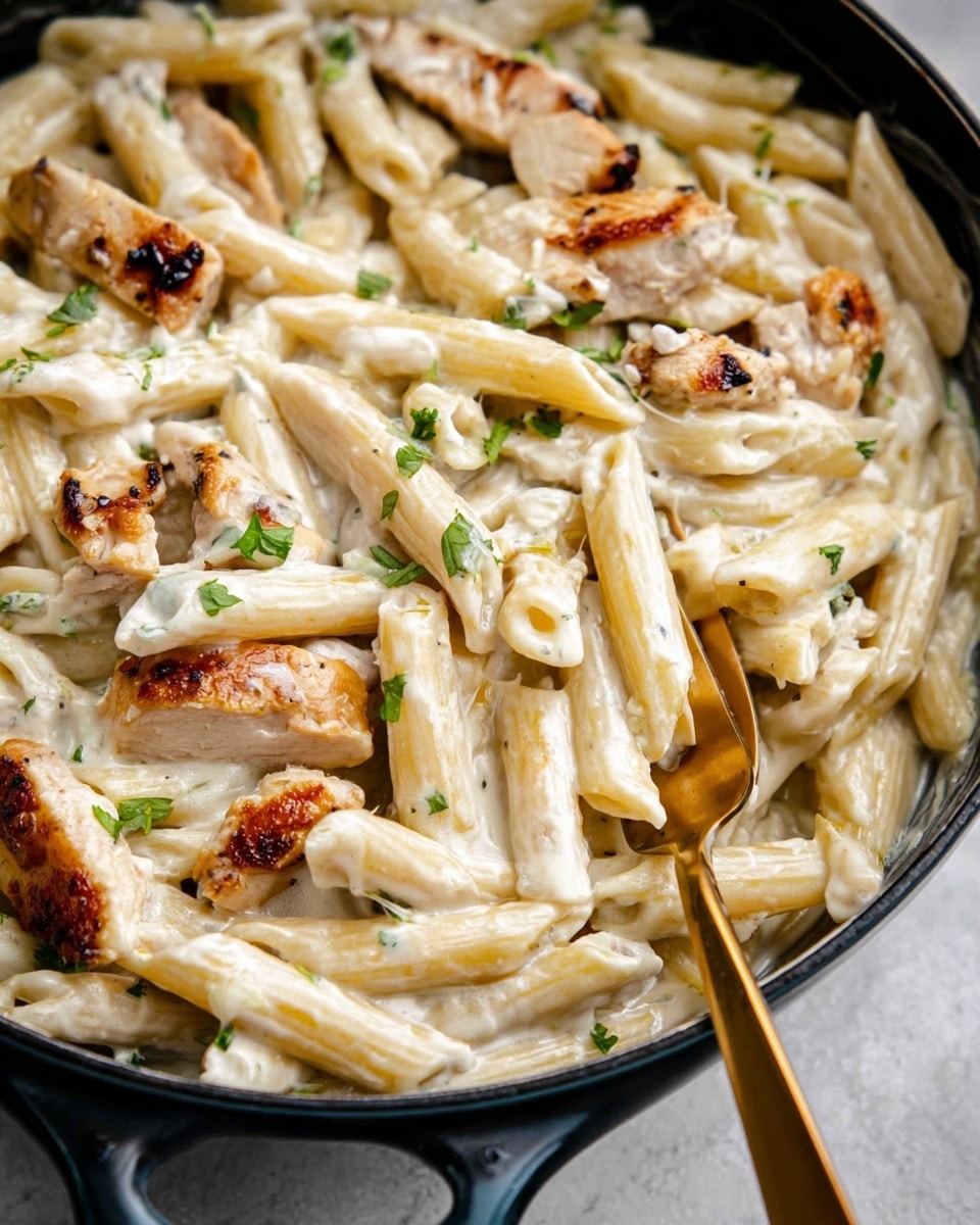 A close-up view of a white creamy pasta dish served in a black pan with two handles, featuring penne pasta coated in a smooth white sauce. Mixed in are pieces of grilled light brown chicken with some darker golden edges, and small green parsley leaves scattered across the top. The texture shows creamy and slightly thick sauce covering the pasta evenly. A shiny gold fork rests on the right side, partially submerged in the pasta. The background is a white marbled texture photo taken with an iphone --ar 4:5 --v 7