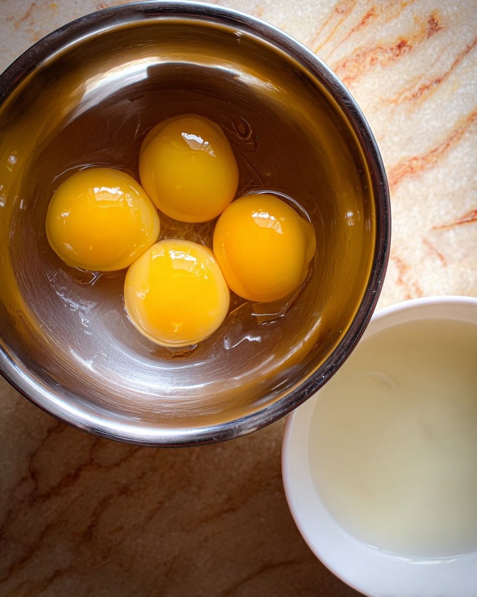 A close-up image showing a metal mixing bowl with four bright yellow egg yolks sitting in the center, each yolk smooth and shiny with a rich, glossy texture. Next to the bowl on the right side, there is a white bowl filled with clear egg whites with a slightly thick, jelly-like appearance. The background surface is a white marbled texture with warm brown and beige tones. The lighting highlights the smooth, curved edges of the metal bowl and the translucent quality of the egg whites. photo taken with an iphone --ar 4:5 --v 7