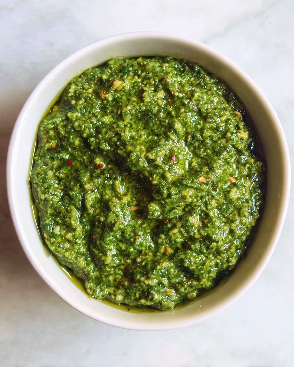 A single bowl filled with a thick, chunky pesto sauce, showing a vibrant green color mixed with small bits of herbs and nuts. The sauce has a slightly oily sheen on top, with visible texture from ground ingredients. The bowl is white and sits on a white marbled surface, with the contents filling almost to the rim. photo taken with an iphone --ar 4:5 --v 7