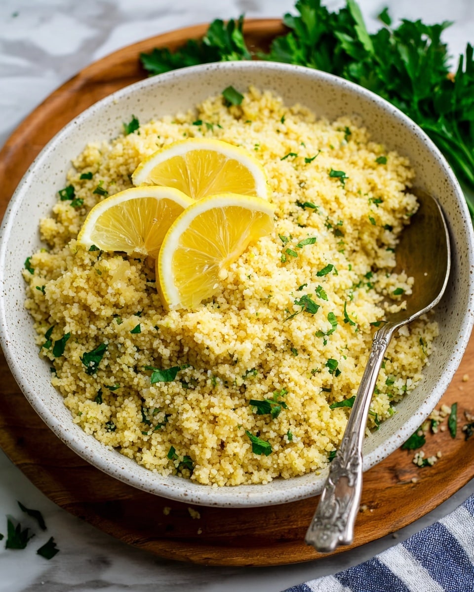 A close-up view of a white speckled bowl filled with yellow fluffy couscous mixed with small bits of green herbs scattered throughout. On top, there are two bright yellow lemon wedges placed near the center. A vintage silver spoon is resting inside the bowl on the right side with its handle on the edge. The bowl sits on a wooden plate, and there are green parsley leaves placed behind the bowl. The background shows a white marbled surface with a hint of a blue striped cloth at the bottom right corner. Photo taken with an iphone --ar 4:5 --v 7