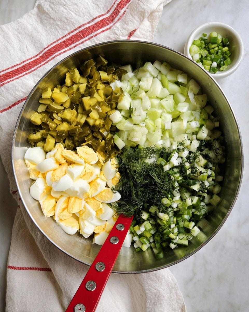 A large metal bowl sits on a white marbled surface with a white cloth that has red stripes underneath. Inside the bowl, there are five distinct layers of ingredients: diced pickles in a yellow-green color on the left, chopped pale green cucumbers at the top right, diced hard-boiled eggs with yellow yolks and white edges at the bottom left, finely chopped dark green dill scattered across the middle, and bright green chopped scallions mostly at the bottom right. A red utensil with silver rivets rests inside the bowl among the ingredients. Nearby, there is a small white bowl with some chopped green pieces visible. Photo taken with an iphone --ar 4:5 --v 7