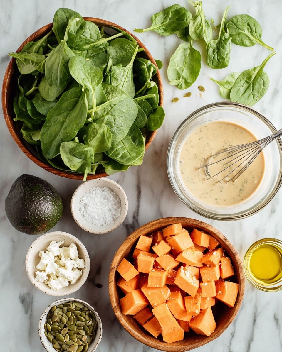 The image shows an overhead view of fresh salad ingredients arranged on a white marbled surface. Starting from the bottom right, there is a wooden bowl filled with bright orange sweet potato cubes. To the upper right, a clear glass bowl contains a creamy beige dressing with a metal whisk inside. In the top center, a wooden bowl holds a pile of fresh green leafy spinach. Below and slightly left of the spinach, there are loose spinach leaves scattered on the surface. On the far left, a small wooden bowl of coarse white salt sits next to a whole dark green avocado. Below the avocado, a small ceramic bowl holds light green pumpkin seeds. At the bottom left corner, a small white bowl contains crumbled white cheese. A small glass cup with golden olive oil is partially visible next to the cheese. The entire setup looks clean and fresh. Photo taken with an iphone --ar 4:5 --v 7