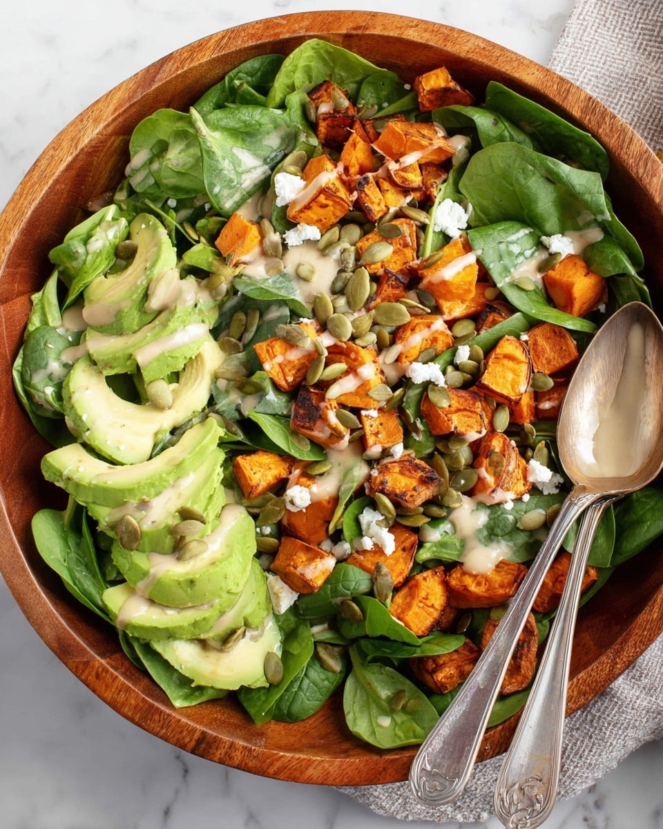 A wooden bowl filled with a fresh salad showing three main layers: the bottom layer is bright green spinach leaves covering the bowl fully, the middle layer has sliced light green avocado pieces curved gently and evenly spread, and the top layer consists of roasted orange sweet potato chunks with browned edges scattered across. There are small white crumbles of cheese and green pumpkin seeds sprinkled on top, with a few drops of creamy light beige dressing drizzled over. Two vintage silver spoons rest on one side of the bowl. The bowl sits on a white marbled surface. Photo taken with an iphone --ar 4:5 --v 7