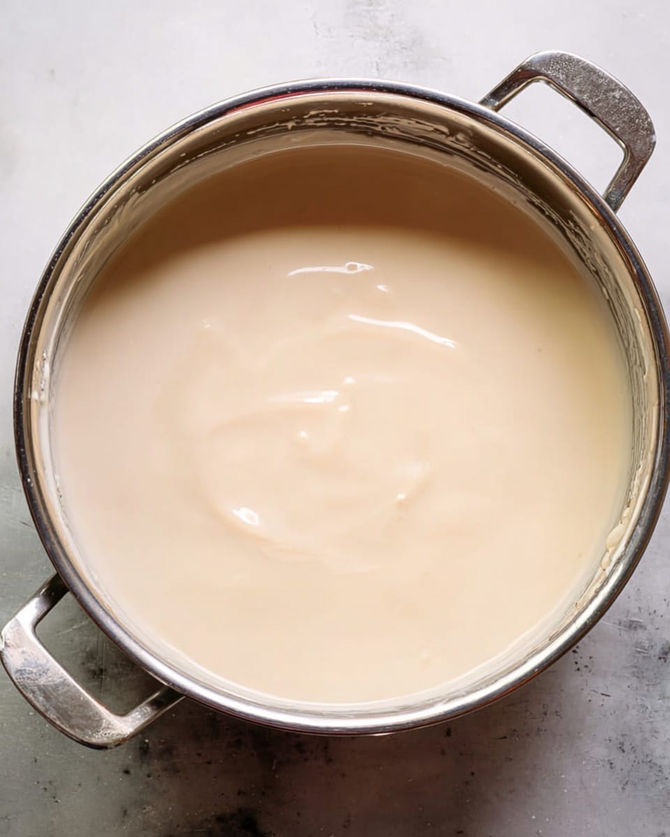A shiny silver pot filled with a smooth, creamy light beige sauce, covering the entire inside surface of the pot evenly with a glossy texture and subtle ripples showing where it was stirred. The pot has two handles on either side and rests on a white marbled surface that adds a clean and bright contrast to the warm color of the sauce. There are no other items or layers visible in the image photo taken with an iphone --ar 4:5 --v 7