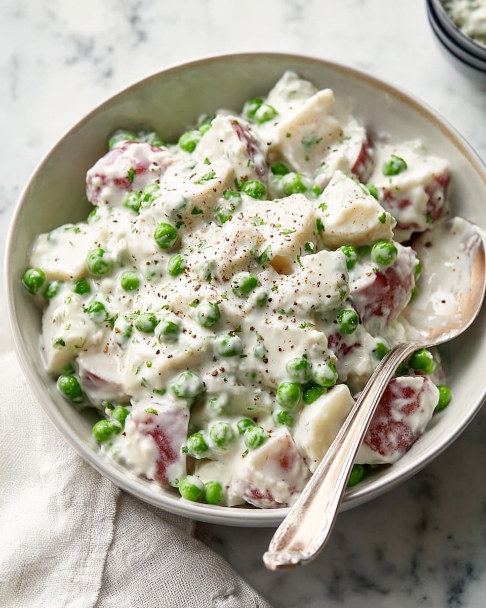 A white bowl filled with creamy peas and bite-sized pieces of red-skinned potatoes covered in a thick white sauce, speckled with black pepper. The mix shows a soft texture with bright green peas and pale potato chunks spread evenly, and a metallic spoon resting inside the bowl. The bowl is placed on a white marbled surface with a folded white cloth nearby. Photo taken with an iphone --ar 4:5 --v 7