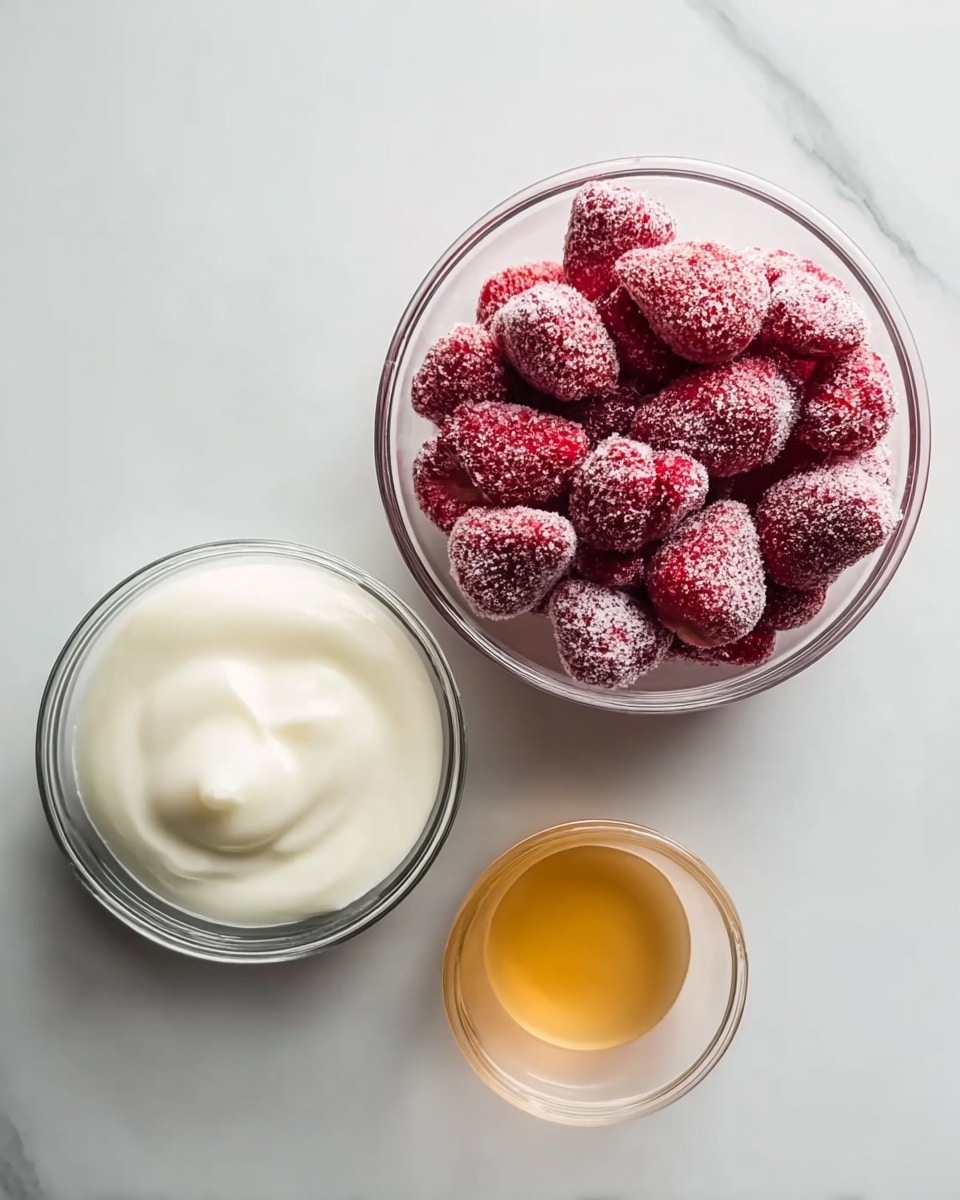 The image shows three clear glass bowls on a white marbled surface. The largest bowl on the top right is filled with frozen strawberries covered in tiny ice crystals, giving them a frosty look with red and white colors. Below and to the left, there is a bowl with smooth, white yogurt that looks creamy and soft. To the right of the yogurt bowl is a smaller bowl containing a light golden-yellow liquid, likely honey or syrup. The bowls are arranged in a loose triangle pattern, with the frozen strawberries as the main focus. Photo taken with an iphone --ar 4:5 --v 7