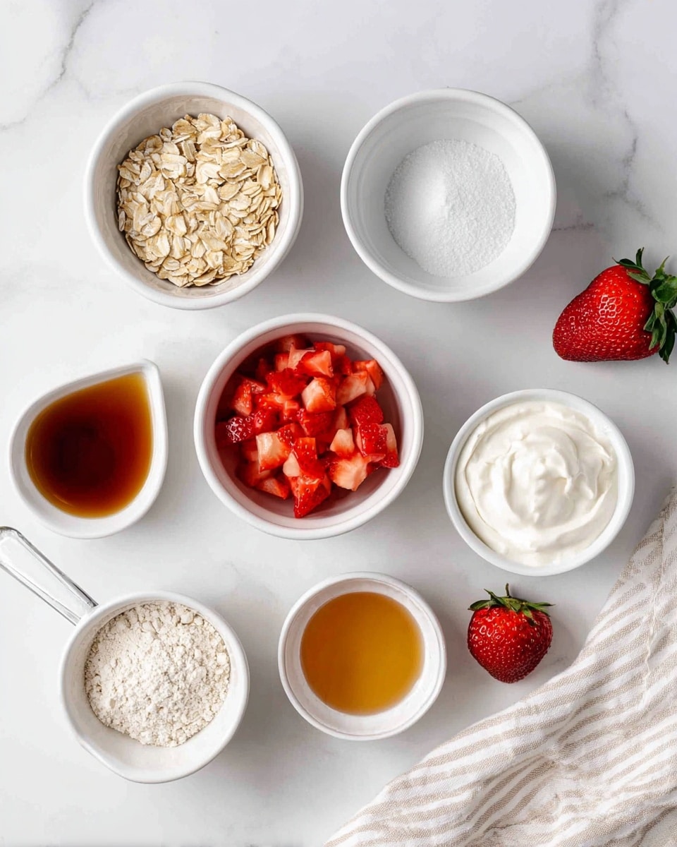 The image shows a top view of seven white bowls arranged on a white marbled surface. The bowls contain different ingredients: one with rolled oats that are light beige and flat in texture; one with dark amber syrup; one with a small mound of white powder, possibly salt or baking powder; one filled with chopped bright red strawberries showing their juicy texture; one with light beige flour in a clear scoop placed next to it; one with white creamy yogurt which looks smooth and thick; and one with a golden-brown liquid that appears to be maple syrup. There are also two fresh whole strawberries placed on a white and beige striped cloth at the bottom right corner of the image. Photo taken with an iphone --ar 4:5 --v 7