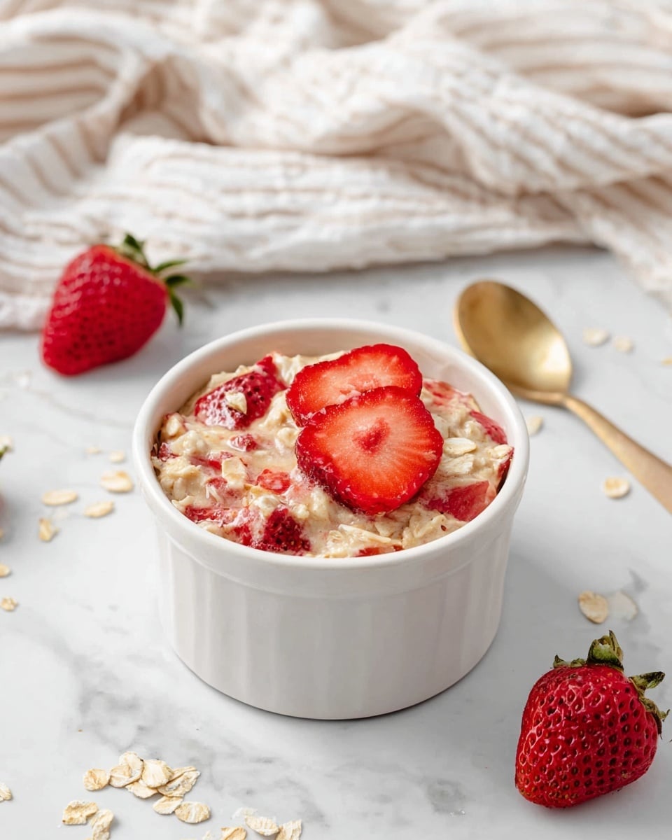 A white ceramic ramekin filled with a soft oatmeal and strawberry mixture, showing chunks of red strawberries and scattered oat flakes on top. Two fresh halved strawberries rest on the surface. The ramekin is placed on a white marbled surface, with a gold spoon lying to the right and scattered oats and whole strawberries around. A crumpled white and beige striped cloth is seen in the background. photo taken with an iphone --ar 4:5 --v 7