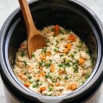 Crockpot Chicken and Rice with Carrots, Peas, and Cheddar Recipe
