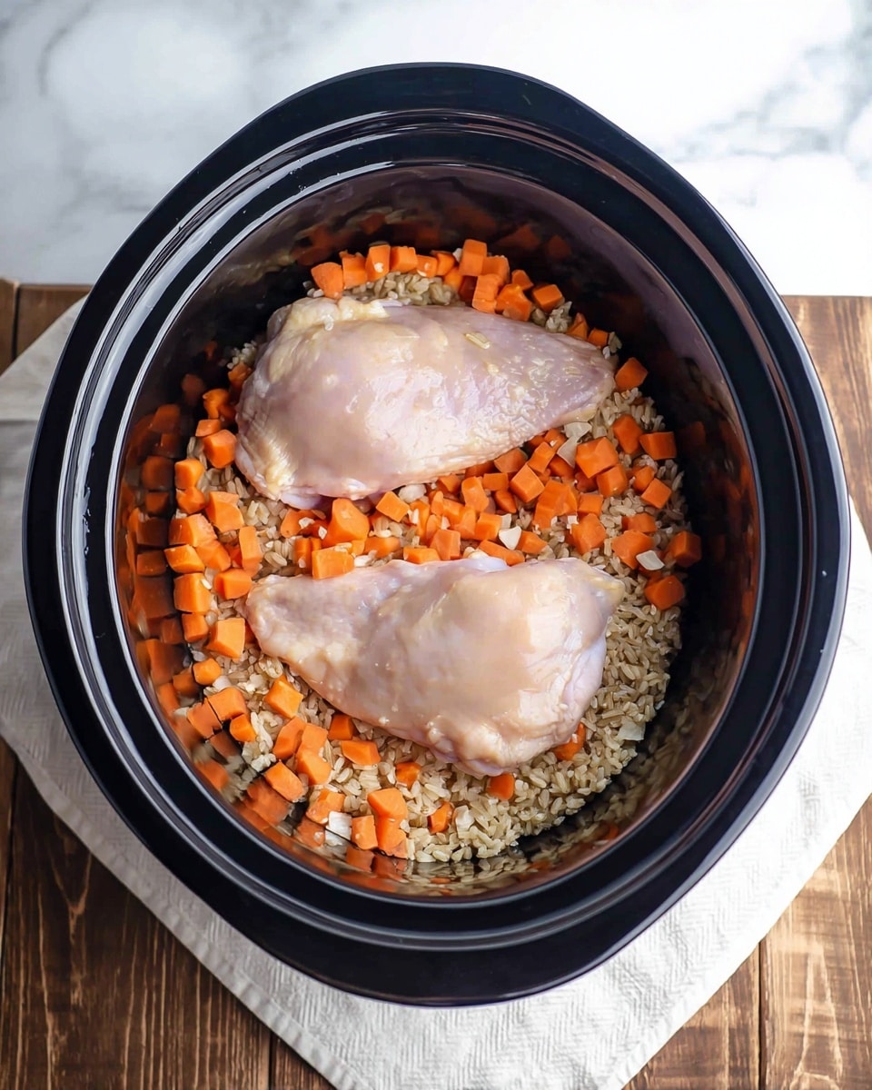 Two plain light pink chicken pieces lay flat on a bed of three layers inside a black slow cooker pot on a white cloth. The bottom layer is made up of uncooked brown rice, followed by small, bright orange carrot cubes sprinkled evenly on top along with tiny bits of white onion pieces. The overall texture shows raw ingredients, waiting to be cooked. The pot sits on a wooden surface with a white marbled texture background. photo taken with an iphone --ar 4:5 --v 7