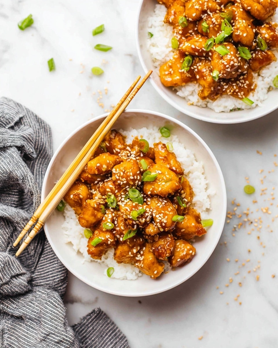 Two white bowls sit on a white marbled surface, each filled with a base layer of fluffy white rice. On top, there is a thick layer of golden brown glazed chicken pieces covered in sesame seeds and sprinkled with chopped green onions. One bowl has a pair of light wooden chopsticks resting on its edge, and a grey striped cloth napkin lies nearby. Scattered sesame seeds and small green onion pieces decorate the surface around the bowls. photo taken with an iphone --ar 4:5 --v 7
