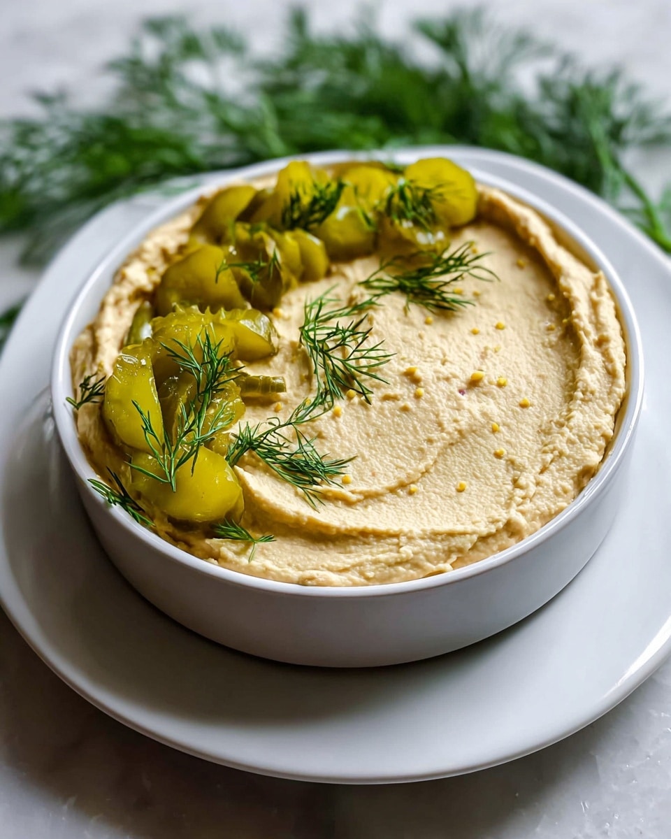 A white bowl filled with one thick smooth layer of light beige hummus spread evenly. On the top left side, there is a decorative row of small chopped yellow pickles scattered with fresh bright green dill leaves. The bowl sits on a matching white plate on a white marbled surface, with green blurred dill in the background. Photo taken with an iphone --ar 4:5 --v 7