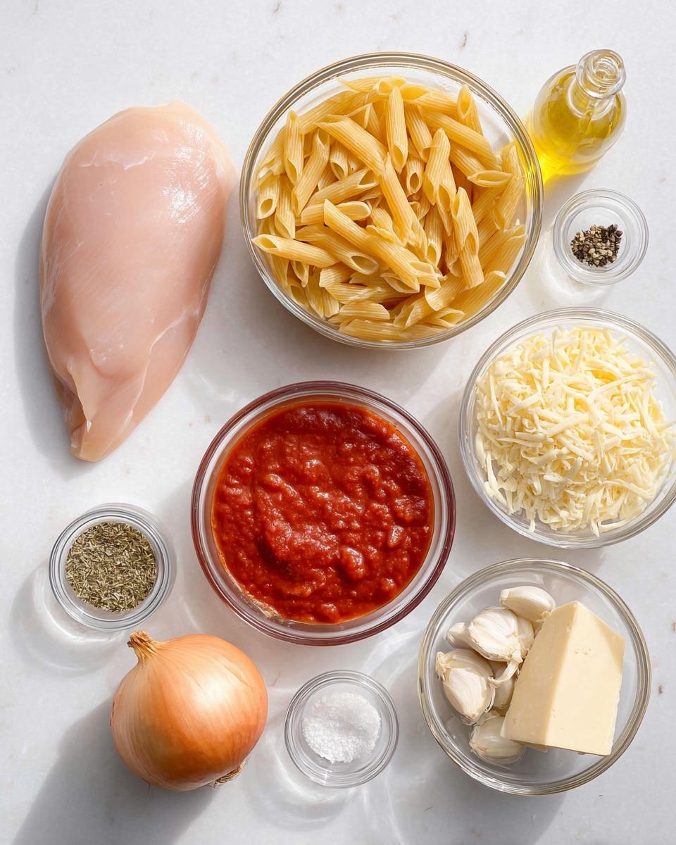The image shows several clear glass bowls and containers arranged on a white marbled surface. One large bowl holds a raw pale pink chicken breast with smooth texture. Another large bowl contains uncooked yellow penne pasta with a slightly rough surface. A medium bowl is filled with thick red tomato sauce with visible small bits. There is a smaller bowl with shredded pale yellow cheese, and a wedge of hard cheese with a light yellow crust is nearby. Another small bowl contains dried greenish-brown Italian herbs. A tiny bowl holds two peeled garlic cloves with smooth off-white skin. A small dish is divided into salt and black pepper, white and dark grains close together. Nearby are a whole golden brown onion and a small clear bottle of light yellow olive oil. All items sit on the white marbled background, creating a clean and organized look. Photo taken with an iphone --ar 4:5 --v 7